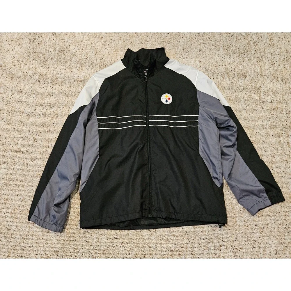 Reebok Pittsburgh Steelers NFL Windbreaker Jacket Mens Large Black Full Zip Logo